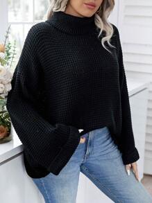 Calvaya Plus Turtleneck Drop Shoulder Waffle Knit Sweater, For Winter Knit Pullover Fall Autumn - Black - View 4