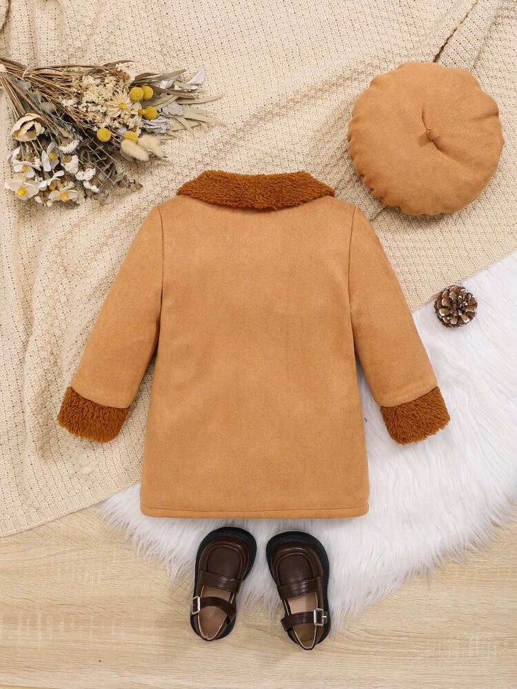 Baby Girl Dual Pocket Fuzzy Trim Button Front Coat & Hat