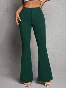 SHEIN PETITE High Waist Flare Leg Pants - Dark Green - View 6