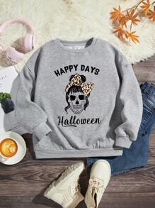 Tween Girl Skull & Letter Graphic Thermal Lined Sweatshirt - Grey - View 1