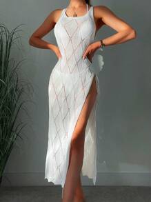 SHEIN Swim Women's See Through Mesh Shell Edge High Slit Maxi Kimono Dress - White - View 1