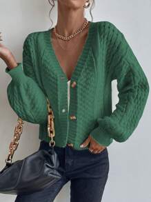 Chiquease 麻花編織落肩袖開襟衫 - 綠色 - 查看 4