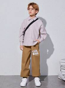 SHEIN Tween Boy Striped & Slogan Graphic Flap Pocket Shirt & Pants - Khaki - View 6