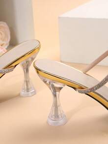 仙女風格方頭粗跟涼鞋適合女士,帶法語鑽石裝飾,夏天2023 - 金色 - 查看 5