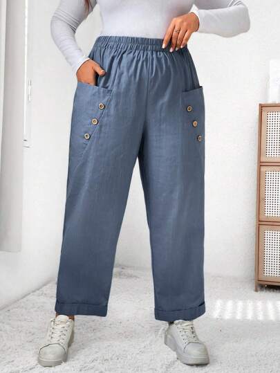 SHEIN LUNE Plus Button Detail Dual Pocket Pants