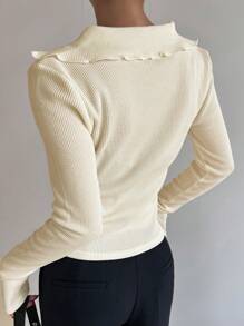 DAZY Chất rắn Đồ đan Ribbed Áo thun - Màu be - Xem 2