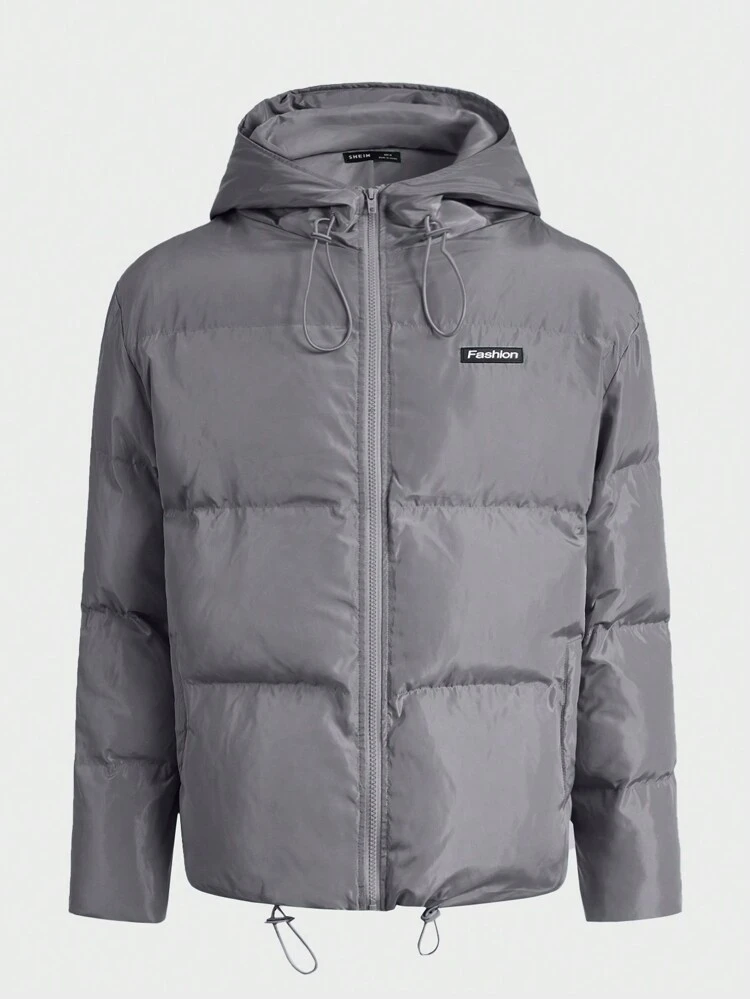 Loose Fit Men's Letter Patched Detail Hooded Padded Coat With Adjustable Hem, For Fall Winter