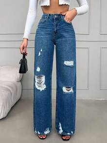 SHEIN Cottnline Ripped Wide Leg Jeans - Medium Wash - View 5