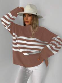 EURMUSE Jersey con patrón de rayas de hombros caídos - Camel - Ver 4