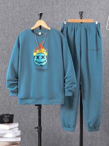 SHEIN Teen Boy Cartoon Graphic Pullover & Sweatpants - Green - View 7