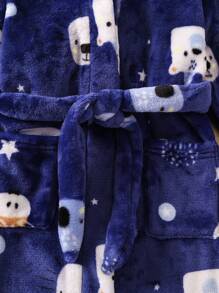 男嬰卡通圖案連帽腰帶法蘭絨睡袍 - 藏蓝色 - 查看 3