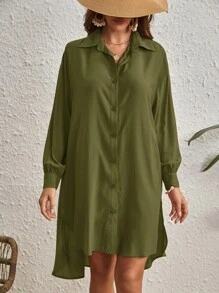 SHEIN VCAY 素色前紐扣高低下擺襯衫 - 軍綠色 - 查看 5