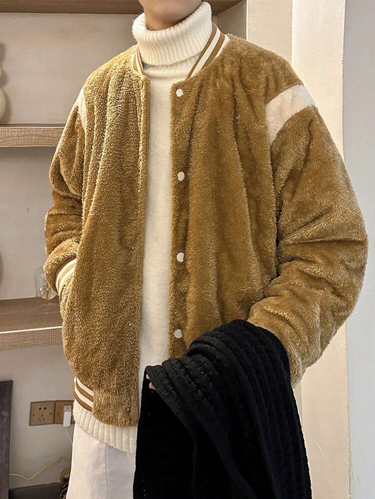 Loose Fit Men's Flannel Bomber Jacket With Contrast Panel And Drop Shoulder