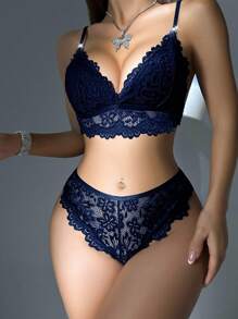 Set de lenjerie sexy sutien și chiloți decor fluture din dantelă florală - Albastru regal - Vizualizare 2