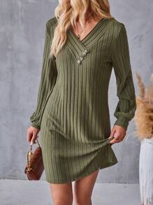 EMERY ROSE Button Detail Ribbed Knit Dress Fall Cloth For Women - Army Green - View 1
