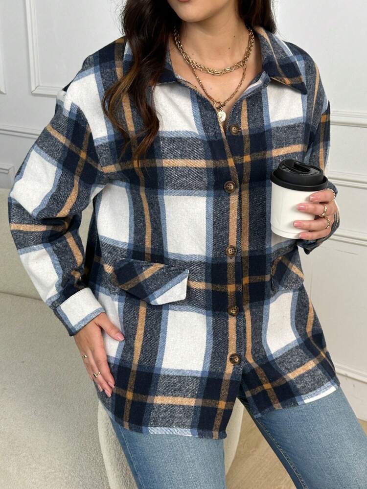 Plus Plaid Print Drop Shoulder Flap Detail Coat