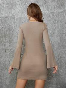 RueChic Surplice Neck Flounce Sleeve Bodycon Dress - Beige - View 2