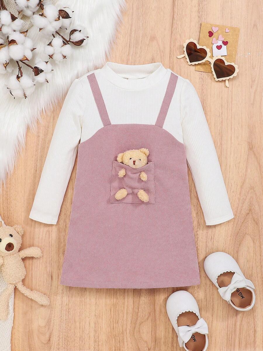 SHEIN 女嬰熊裝飾假兩件洋裝 - 粉色 - 查看 1