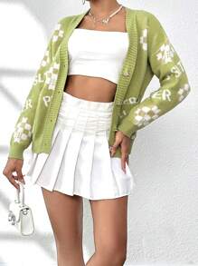 Flirla Letter Pattern Drop Shoulder Pocket Patched Cardigan - Green - View 4