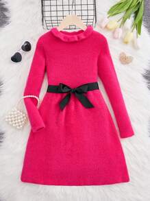 SHEIN Tween Girl Ruffle Neck Belted Trench Sweater Dress - Hot Pink - View 1