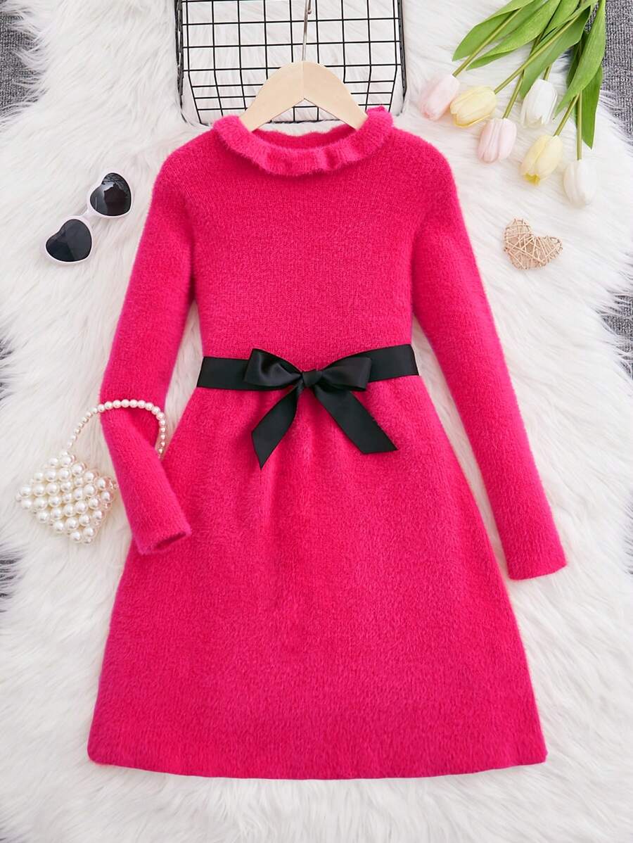 SHEIN Tween Girl Ruffle Neck Belted Trench Sweater Dress - Hot Pink - View 1