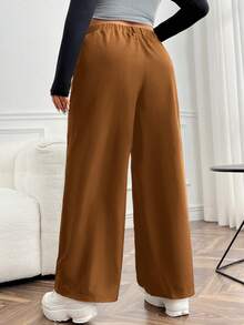 SHEIN EZwear 大碼褶皺闊腿褲 - 棕色 - 查看 2