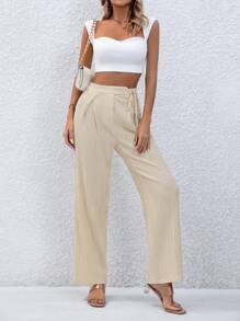 SHEIN Privé Pantalones rectos unicolor con nudo delantero - Caqui - Ver 6
