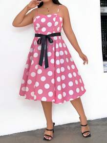 Celure Plus Polka Dot Print Belted Cami Dress - Multicolor - View 5
