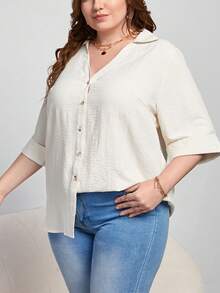 SHEIN Essnce 大碼素色前紐扣襯衫 - 白色 - 查看 5