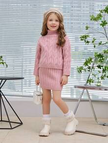 女小童1入組麻花編織高領落肩袖套頭毛衣&1入組針織短裙 - 粉色 - 查看 3