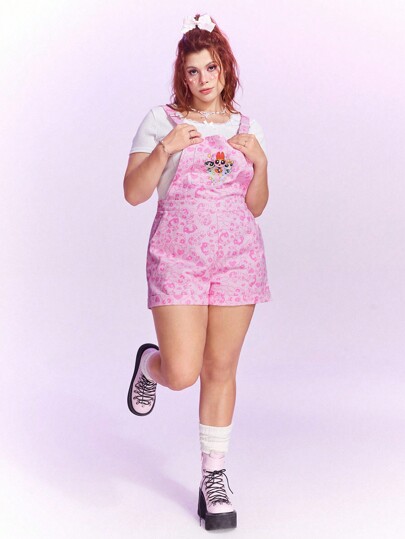 The Powerpuff Girls | ROMWE Plus Cartoon Graphic Overall Romper Without Top, School