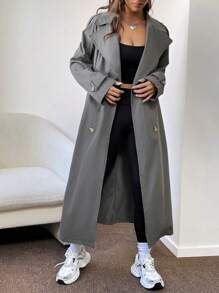SHEIN x Carly Lawrence SHEIN EZwear 西裝領雙排釦腰帶風衣外套 - 深灰色 - 查看 5