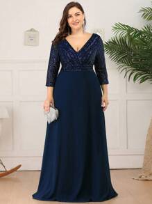 EVERPRETTY Plus Size V-Neck Sequin Contrast Color Chiffon Navy Blue Evening Dress, Formal Wedding Guest Dress For Autumn, Graduation Ceremony, Gala Dinner, Mother Of The Bride, Valentine's Day Glam Dresses - Navy Blue - View 5
