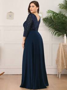 EVERPRETTY Plus Size V-Neck Sequin Contrast Color Chiffon Navy Blue Evening Dress, Formal Wedding Guest Dress For Autumn, Graduation Ceremony, Gala Dinner, Mother Of The Bride, Valentine's Day Glam Dresses - Navy Blue - View 3