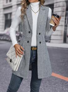 SHEIN Privé Plaid Double Breasted Vest Coat - Black and White - View 7