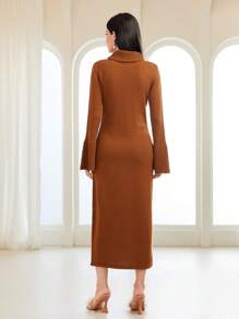 Modelyn Funnel Neck Flounce Sleeve Sweater Dress Without Belt Fall Cloth For Women - Camel - View 2