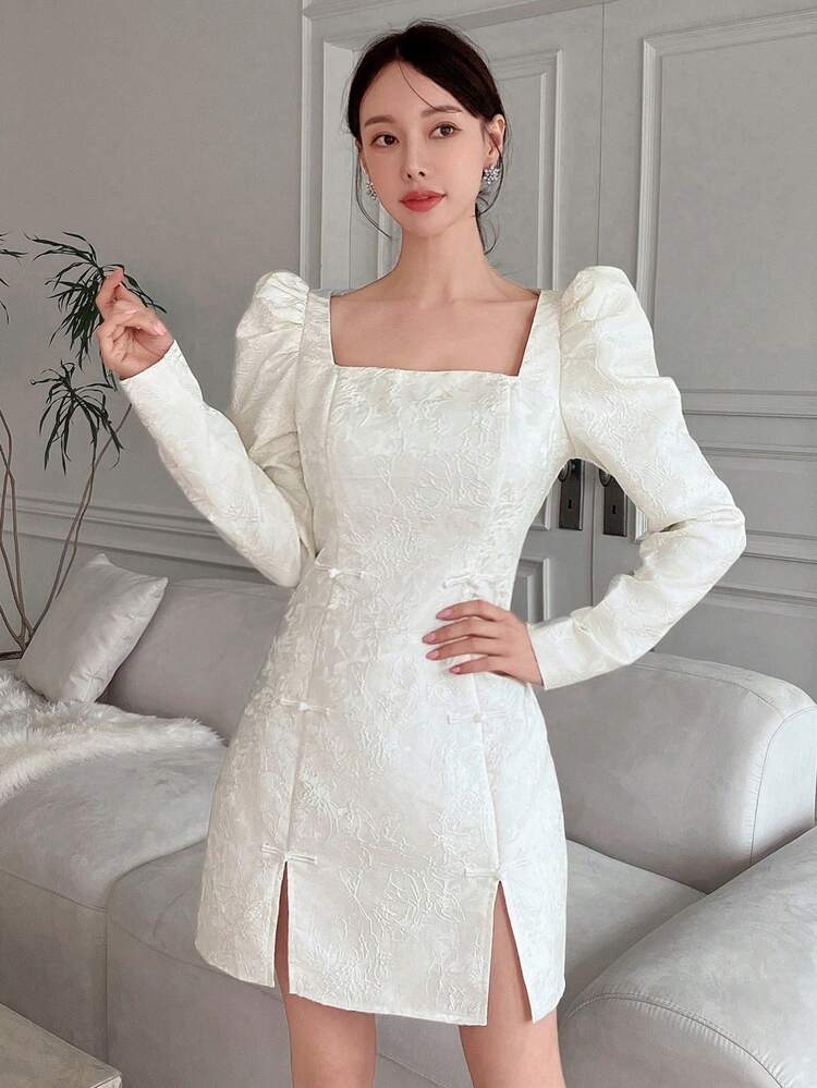 Square Neck Gigot Sleeve Split Hem Dress