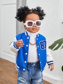 SHEIN 女嬰字母圖案雙色學院風夾克 - 藍色 - 查看 4