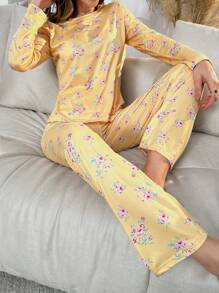 印花T恤和褲子睡衣套裝 - 黃色 - 查看 1