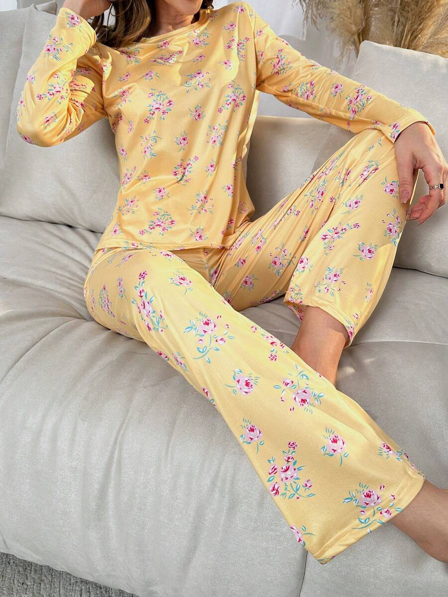 印花T恤和褲子睡衣套裝 - 黃色 - 查看 1