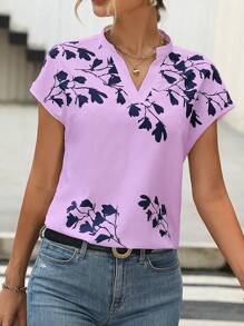 EMERY ROSE Floral Print Batwing Sleeve Notched Neckline Blouse - Purple - View 1