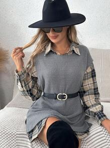 SHEIN Frenchy Plaid Drop Shoulder Blouse & Vest Without Belt Winter - Dark Grey - View 5