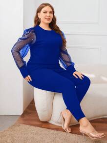 SHEIN Privé 大碼珍珠串珠網紗袖上衣和褲子套裝 - 寶藍色 - 查看 4