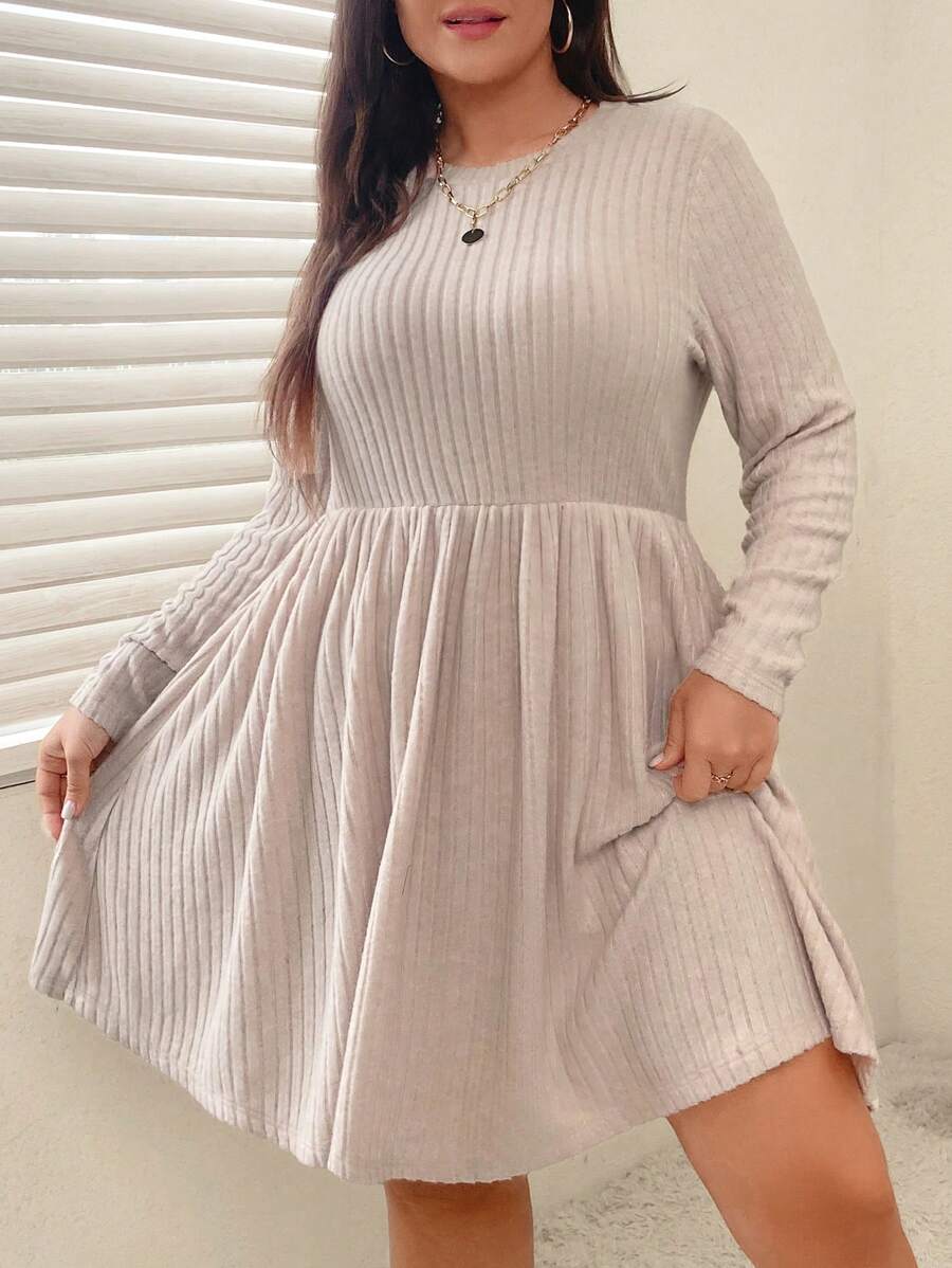 SHEIN Essnce Plus Solid Ribbed Knit A-line Dress - Apricot - View 1