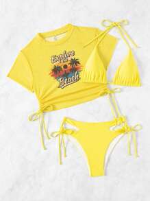 SHEIN Swim Summer Beach Letter Graphic Drawstring Side Bikini Set With Cover Up - Yellow - View 4