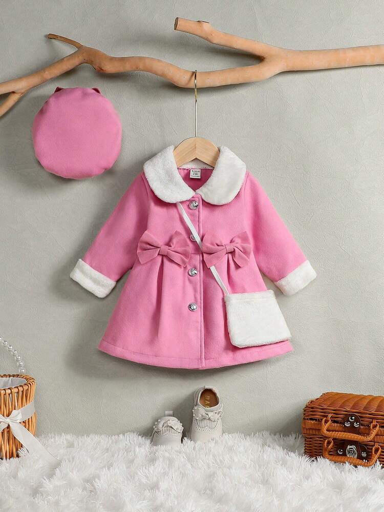 Baby Girl Borg Collar Bow Front Overcoat & Hat