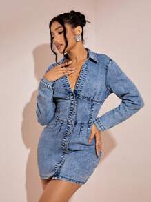 SHEIN BAE 前紐扣緊身牛仔洋裝 - 藍色 - 查看 5