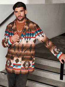 Manfinity VCAY 宽松男士几何印花披肩领双口袋大衣 - 彩色 - 查看 5