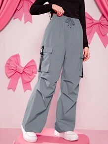 SHEIN 青少年女孩側翻蓋口袋腰部抽繩抽褶細節工裝褲 - 霧霾藍 - 查看 3