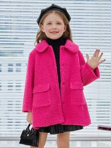 SHEIN Young Girl Flap Pocket Snap Button Up Drop Shoulder Teddy Coat - Hot Pink - View 1